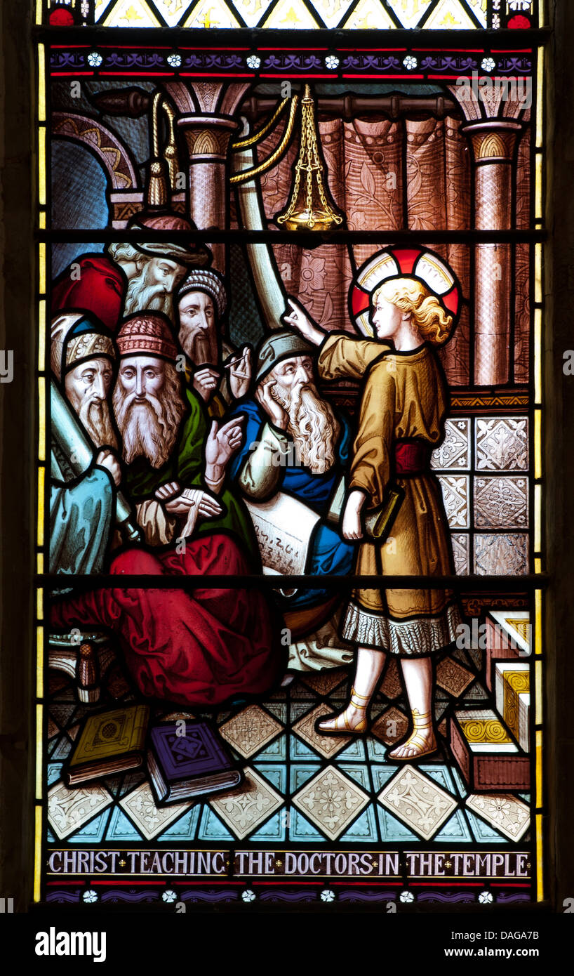 Christ teaching the doctors in the temple stained glass, St. Paul`s Church, Warwick, Warwickshire, UK Stock Photo